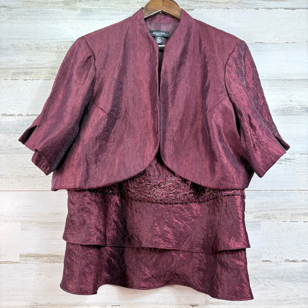 R&M Richards Womens 20W Plum 2PC Beaded Tiered Tank and Bolero Jacket Set